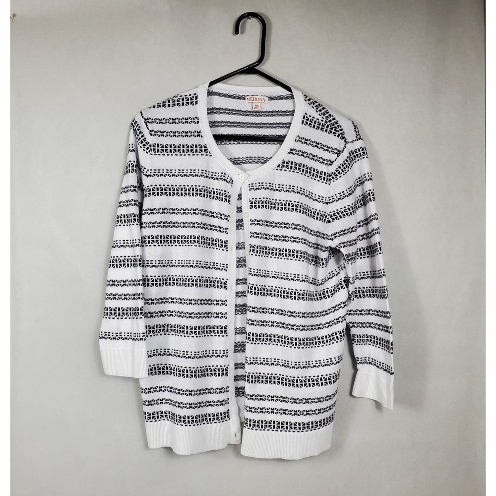 Merona Womens XXL Cardigan Sweater Black White Geometric Stripe 100% Cotton